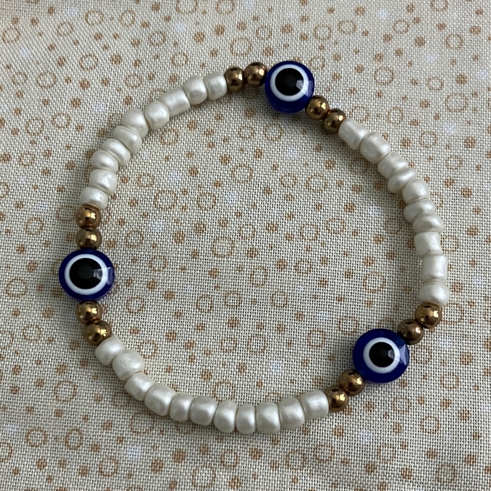 Chic Gold and Blue Evil Eye Faux Pearl Seed Bead Stretch Bracelet